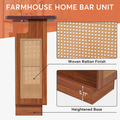 Tribesigns Rattan Home Bar Unit, Farmhouse 4-Tier Bar Table with 4 Stemware Racks and Heightened Base, Liquor Wine Bar Cabinet Mini Bar Table for Home Pub, Caramel Brown