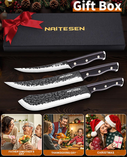 Naitesen Professional Butcher Knife Set 3, Bullnose Meat Carving knife Breaking Knife Boning Knife Hand Forged Very Sharp for Meat Cutting Home Kitchen Cooking BBQ Gifts for Men Women