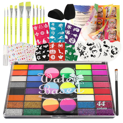 Pintada 44 Color Face Painting Kit for Party - Non Toxic Water Activated Face Paint Palette with Stencils, Brushes, Gems & Glitter. Halloween, Carnival; Costume Makeup for Creative Activities