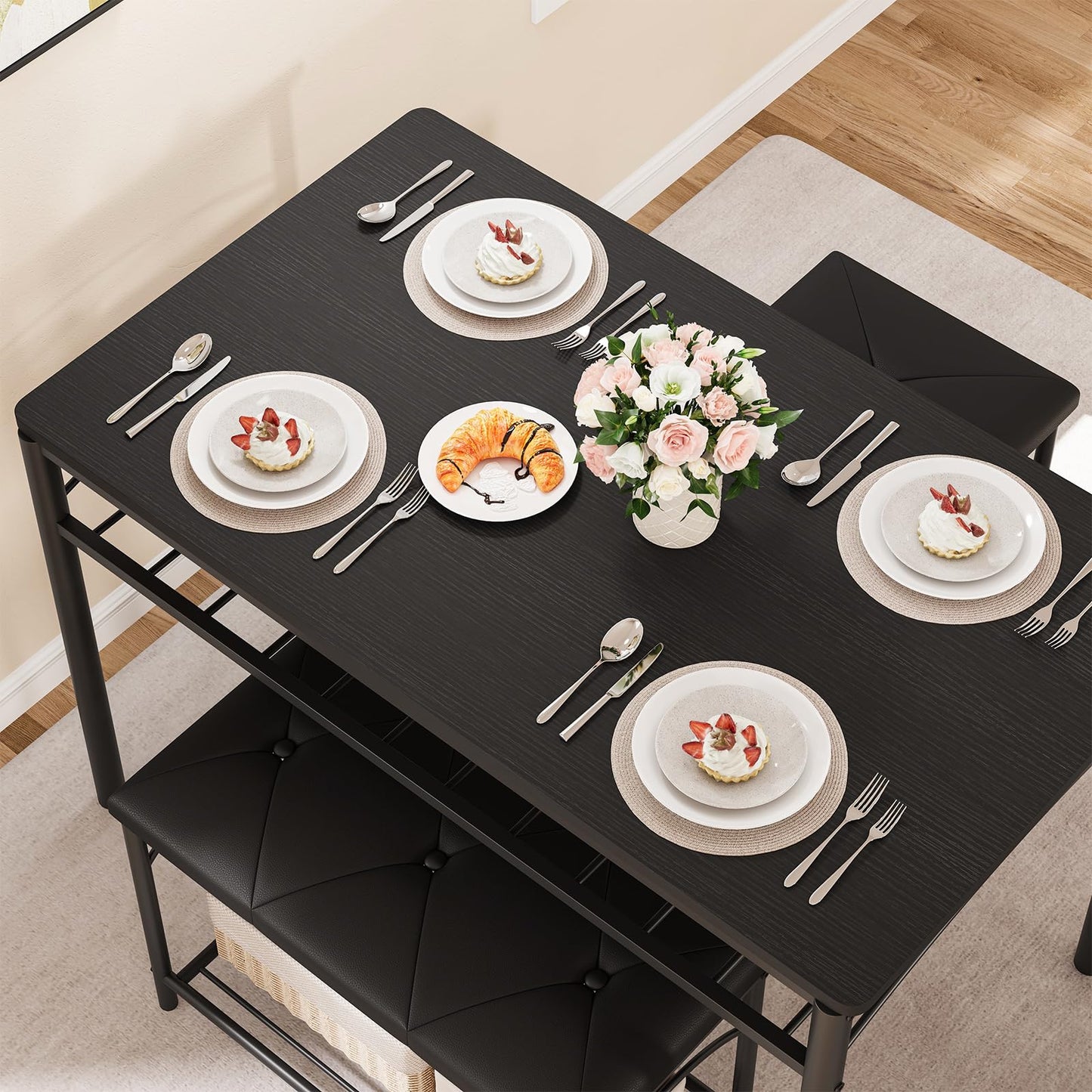Garvee Dining Table Set for 4, Kitchen Table with Upholstered Bench and 2 Stools, 4 Pieces Kitchen Table Set with Storage Rack & Metal Frame for Small Space, Kitchen Table and Chairs Set for Apartment
