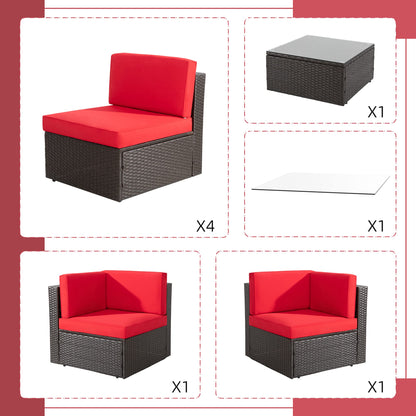 Shintenchi 7 Pieces Patio Furniture Sets Outdoor All-Weather Sectional Patio Sofa Set PE Rattan Manual Weaving Wicker Patio Conversation Set with Glass Table&Ottoman Cushion and Red Pillows, Red