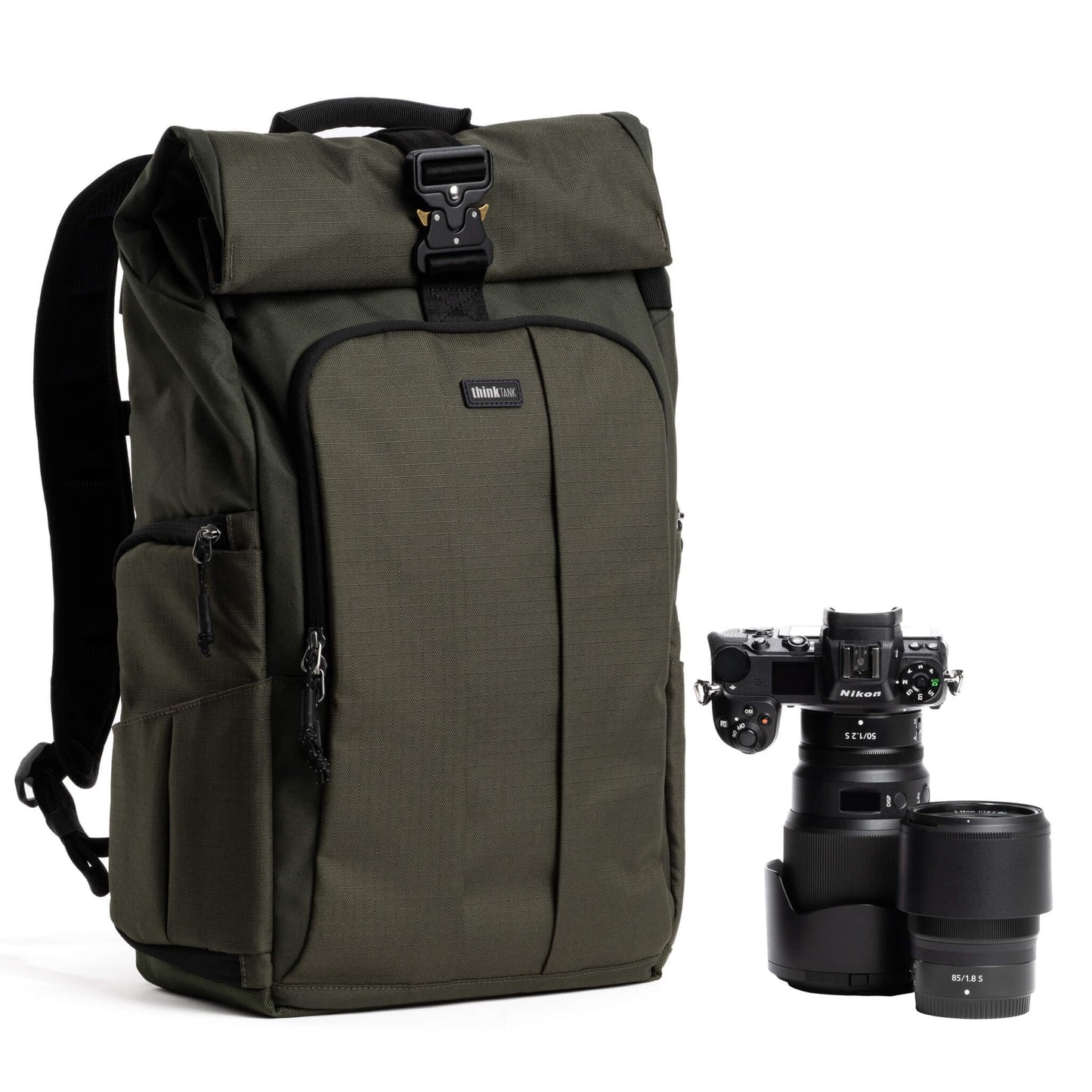 Think Tank FocusPoint 30L RollTop Camera Backpack - Greenway: Expandable Travel & Camera Backpack with Laptop Sleeve, Quick Side and Back Access, Rain Cover – Versatile Photography & Travel Bag