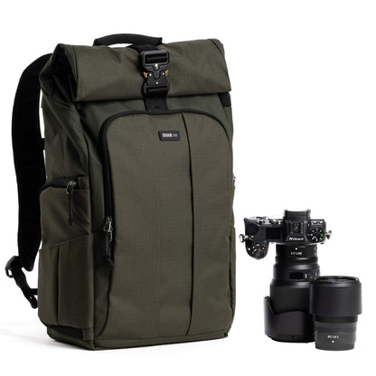 Think Tank FocusPoint 30L RollTop Camera Backpack - Greenway: Expandable Travel & Camera Backpack with Laptop Sleeve, Quick Side and Back Access, Rain Cover – Versatile Photography & Travel Bag