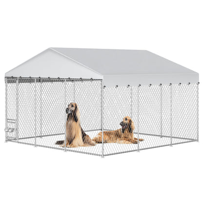 YITAHOME 14.8'x14.8' Large Outdoor Dog Kennel with Rotating Feeder Bowls, Outdoor Dog Enclosure with Roof, Heavy Duty Dog Cage for Large Dogs