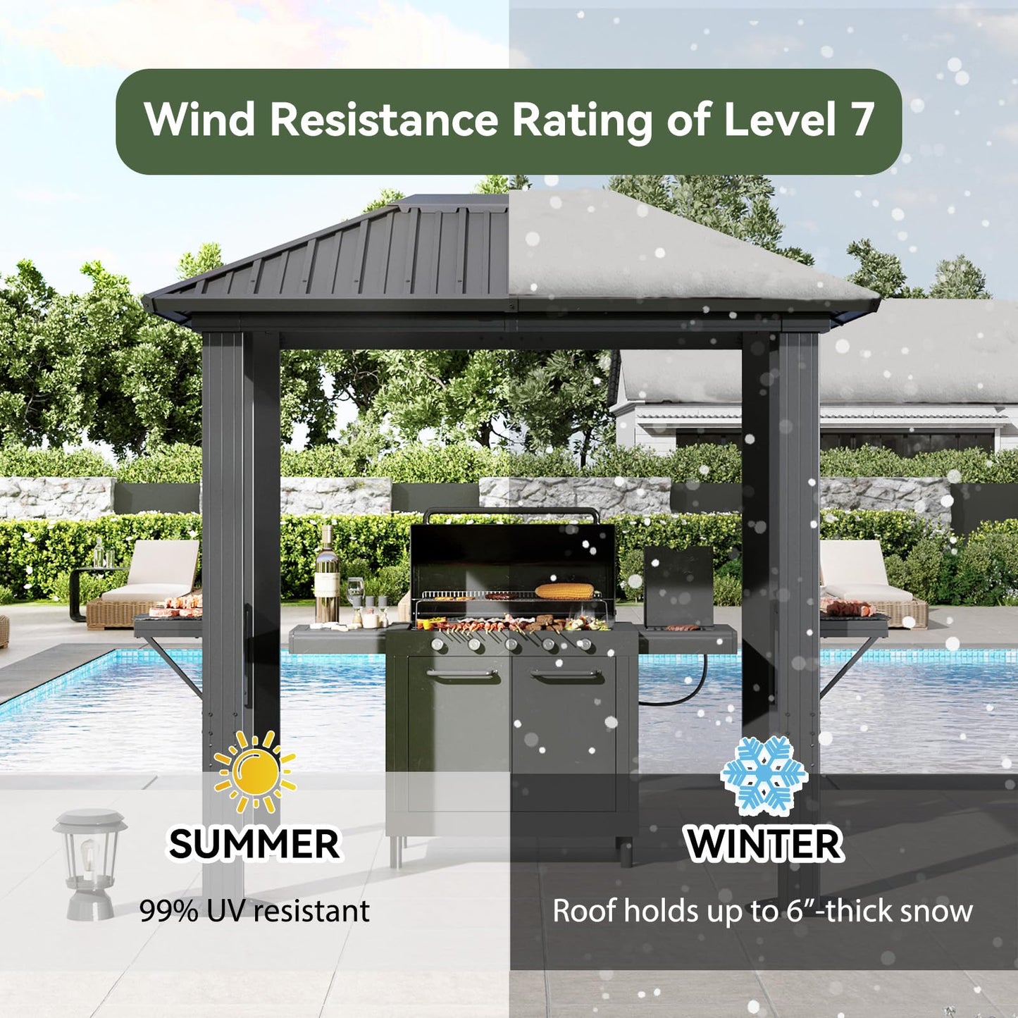 Aoxun Grill Hardtop Gazebo 5 x 8 FT, Outdoor Metal Hard Top Gazebo, Permanent BBQ Pavilion with Galvanized Steel Roof, Aluminum Pavilion with Shelves for Lawn, Garden, Patio, Backyard
