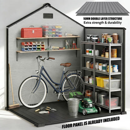 EHHLY Outdoor Storage Shed 6x4.4 FT, Resin Shed with Floor, Window & Vents, Waterproof Plastic Shed with Lockable Door for Backyard, Patio, Lawn, Gray