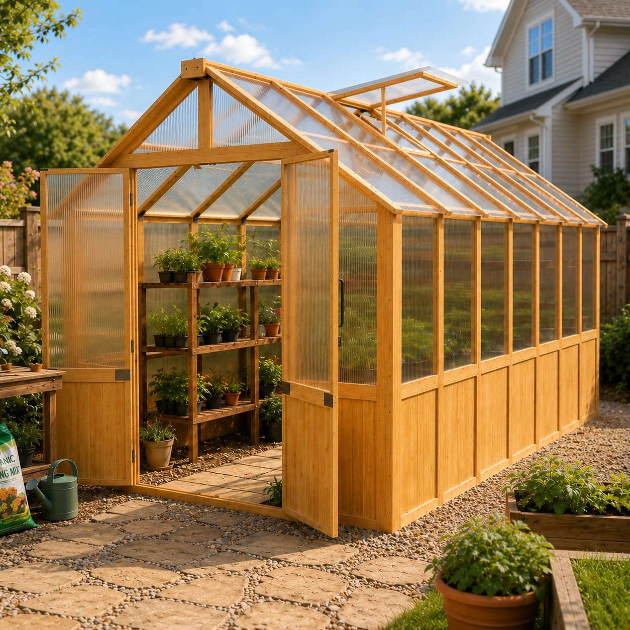 EROMMY 8x12 FT Wooden Greenhouse for Outdoors, Large Walk-in Greenhouse Kit with 4mm Polycarbonate Panels, Adjustable Roof Vent, Lockable Door, Outdoor Greenhouse for Backyard Garden