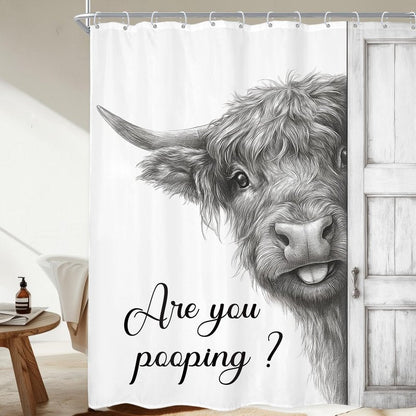 Newsely Funny Highland Cow Shower Curtain 60Wx72L Inch Black and White Rustic Farmhouse Wooden Door Bathroom Set Humorous are You Pooping Waterproof Bath Decoration Accessories Home Decor