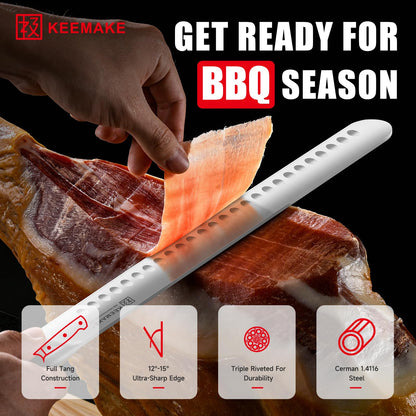 KEEMAKE Brisket Knife, 12‘’ Carving & Slicing Knife with Ergonomic Handle, German High-Carbon Steel, Sheath Included, Razor Sharp for Meat, Roasts, BBQ, Turkey, Grilling Gifts for Men