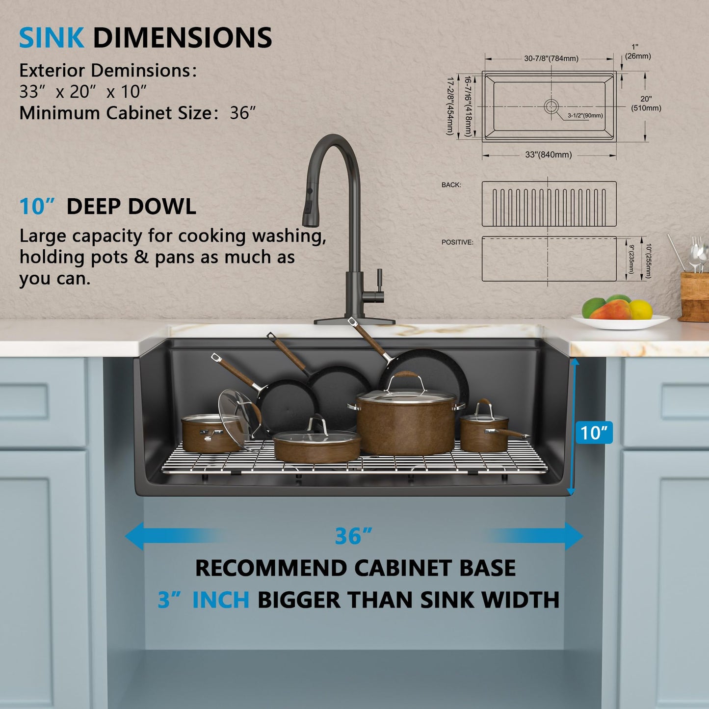 Fulorni 33"x20" Black Farmhouse Sink Workstation – Reversible Apron Front with Ledge, Matte Black Porcelain Ceramic Fireclay Single Bowl Farm Kitchen Sink Basin