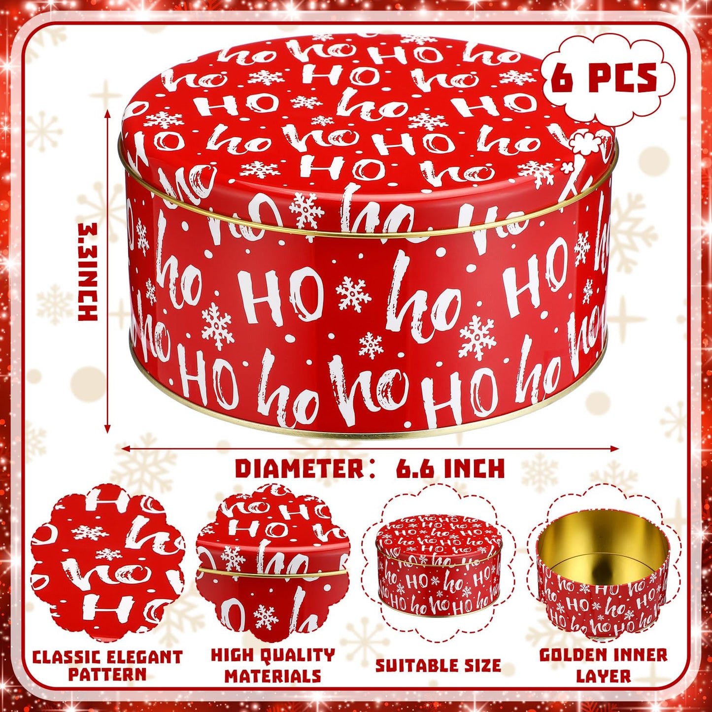 Suttmin 6 Pcs 6.6 Inch Christmas Cookie Tins with Lids Round Metal Red Snowflake Tin Containers for Gift Giving Decorative Storage Box for Holiday Baking Chocolate Snack Party Favors