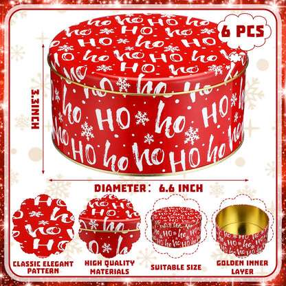 Suttmin 6 Pcs 6.6 Inch Christmas Cookie Tins with Lids Round Metal Red Snowflake Tin Containers for Gift Giving Decorative Storage Box for Holiday Baking Chocolate Snack Party Favors