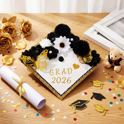 Wavwavw 43 PCS DIY Graduation Cap Decorations Kit, Grad Cap Decorations Included Faux Flowers 3D Butterfly Self Adhesive Rhinestones Stickers Alphabet Letter Stickers for 2026 Grad Party(Black)