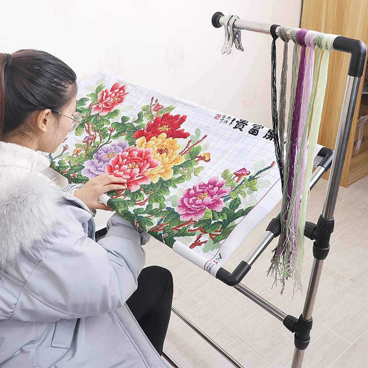 Adjustable Needlework Floor Frame for Art Craft Sewing - Standing Embroidery Lap Table and Cross Stitch Craft Stand, Ideal Holder for Crafting Enthusiasts.