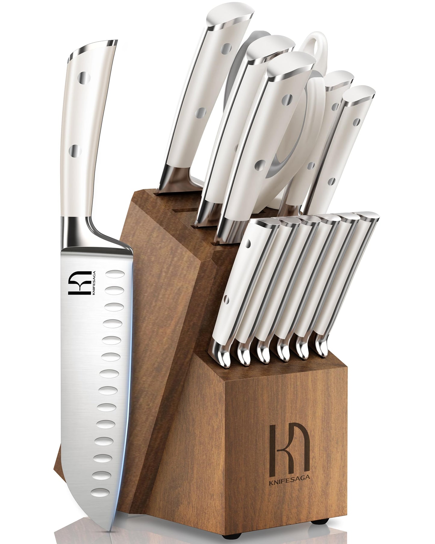 KnifeSaga Kitchen Knife Set Premium, Japanese High Carbon Stainless Steel 15 Pcs Enduring Ultra Sharp Knife Block Set with Sharpener and Wood Block, Professional White Chef Knives set for Kitchen