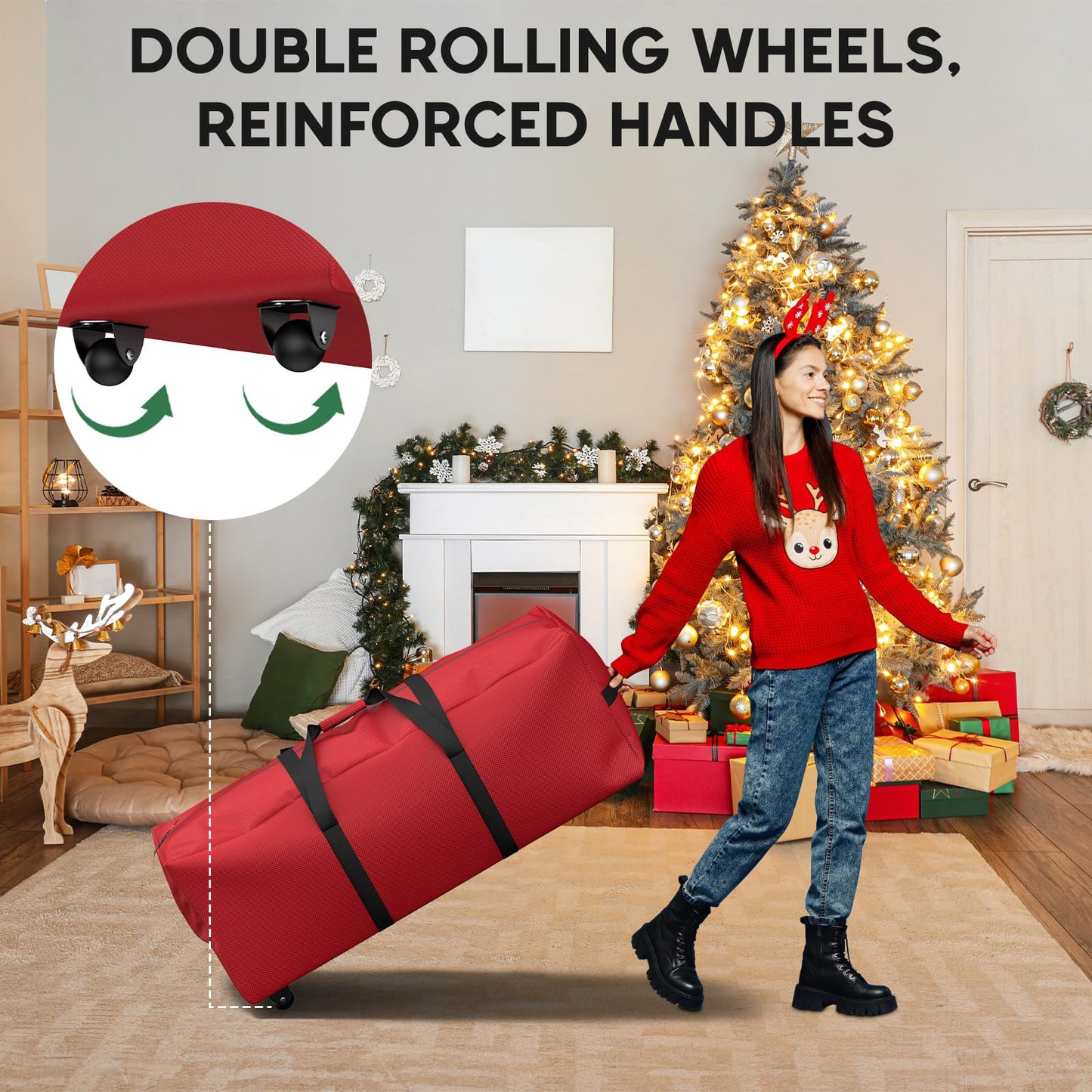 Kesfitt Christmas Tree Storage Bag 9Ft, Rolling Christmas Tree Bag with Wheels, Christmas Tree Storage Box with Adjustable Straps Fits Artificial Tree, 600D Oxford Extra Large Heavy Duty, Dual Zippers