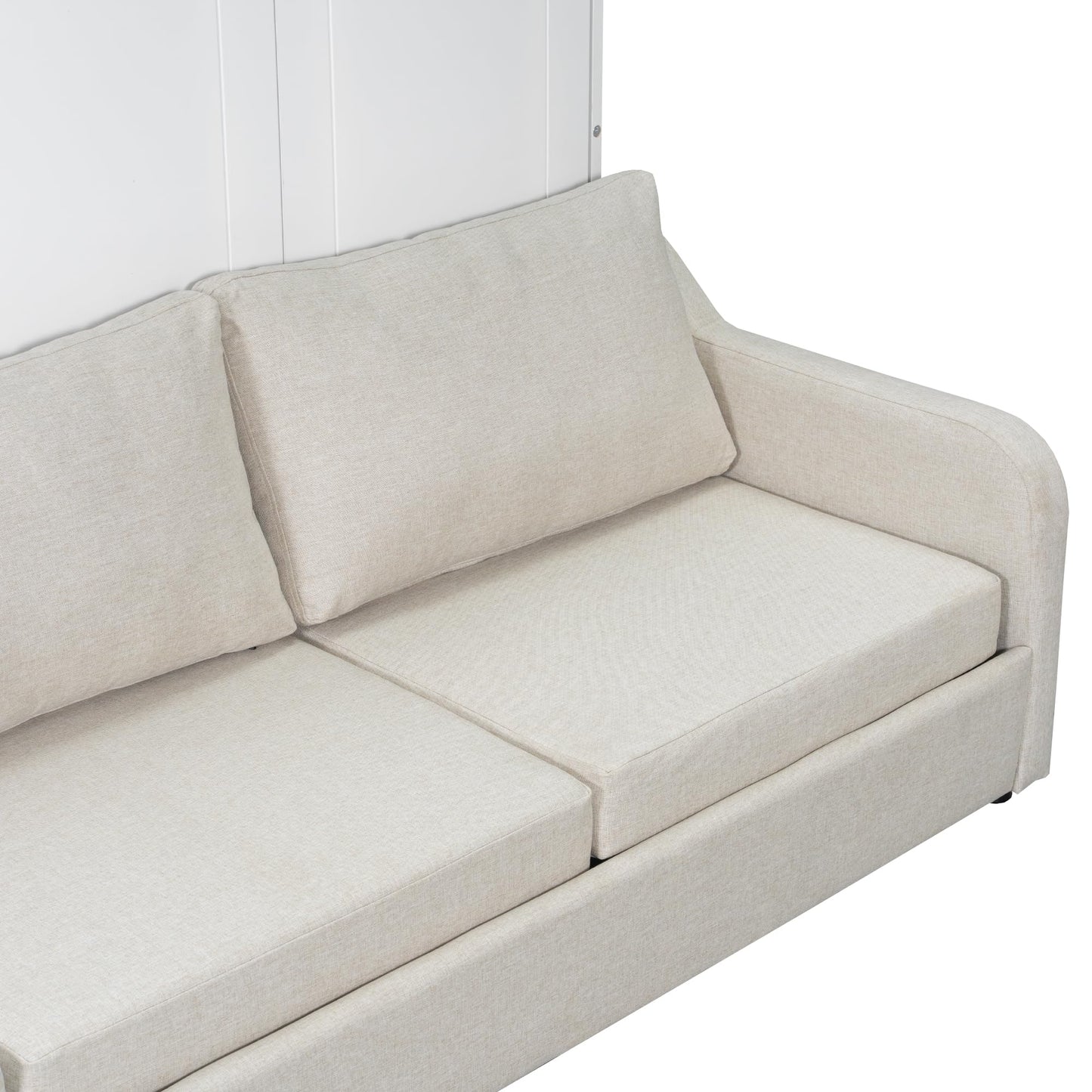 Bellemave Full Size Murphy Bed with Sofa, Cabinet Bed with Storage Shelves and LED Light, Farmhouse Murphy Cabinet with Folding Sofa, Noisy Free, for Guest Bedroom, Living Room, Office, Beige