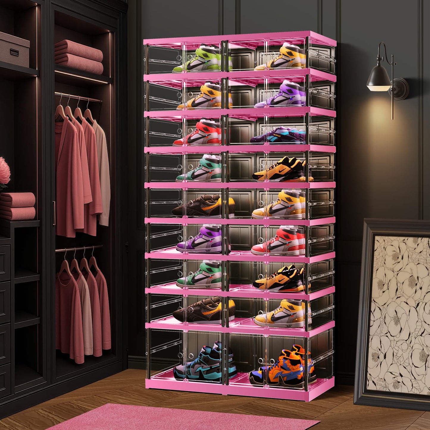 CIMLORD 9 Tier 18-36 PairsFoldable Shoe Rack for Closet Entryway,9-Tier Foldable Shoe Rack for Closet Entryway 18-36Pairs, Stackable Clear Shoe Storage Boxes Organizer with Door Plastic Shoe Cabinet
