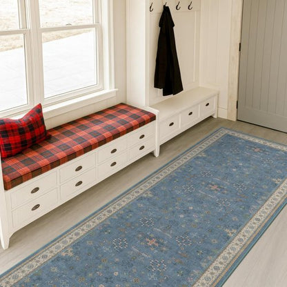 Blue Boho Runner Rug - Washable Non-Slip 2'6''x8' Floral Hallway Rug for Modern Home Décor