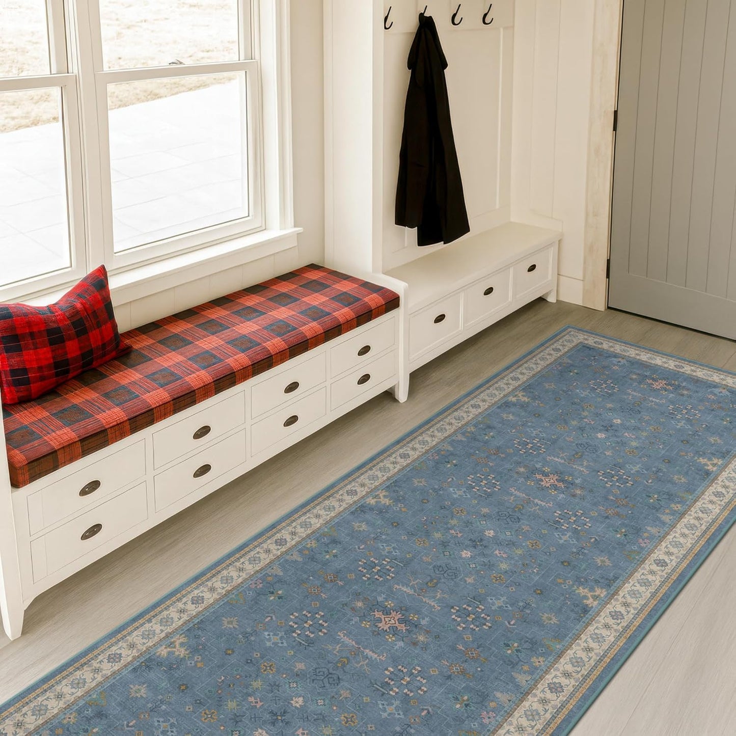 Blue Boho Runner Rug - Washable Non-Slip 2'6''x8' Hallway Rug with Colorful Floral Print