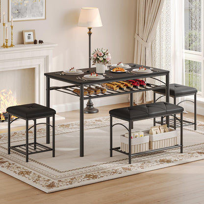 Garvee Dining Table Set for 4, Kitchen Table with Upholstered Bench and 2 Stools, 4 Pieces Kitchen Table Set with Storage Rack & Metal Frame for Small Space, Kitchen Table and Chairs Set for Apartment