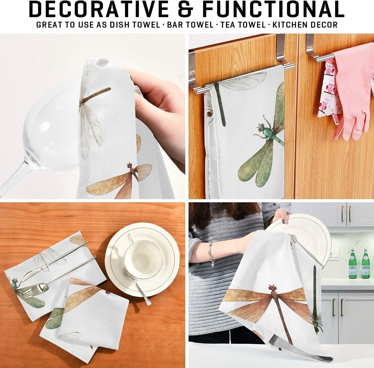 Qilmy Kitchen Dish & Tea Towel Dragonfly Reusable Cloths for Cooking & Drying Dishes, 28x18in-4 PCS