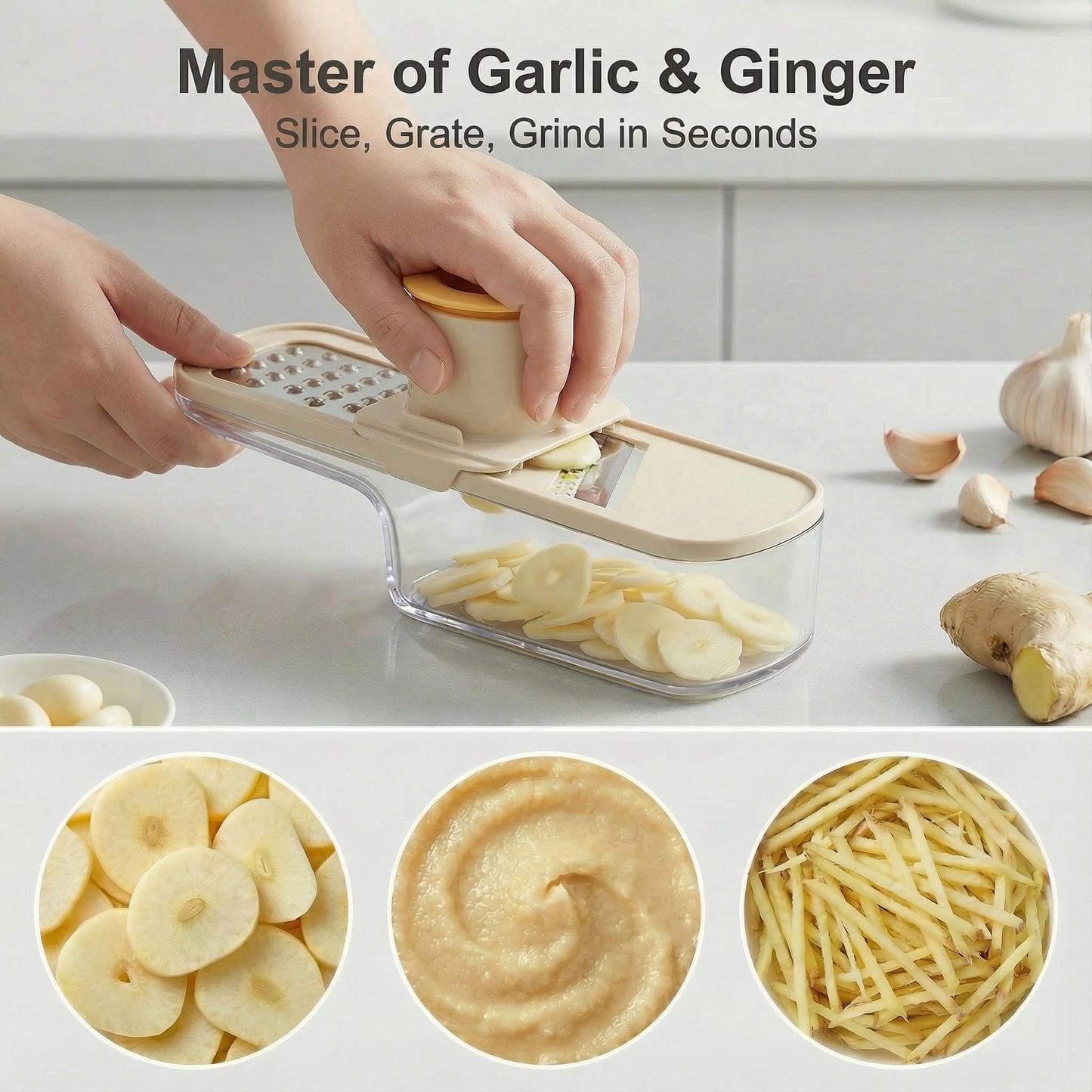 2Pcs 3 in 1 Mini Garlic Grinder, Multifunctional Garlic Grater Ginger Vegetable Chopper, Handheld Kitchen Gadget with Container & Safety Guard for Camping Picnic Cooking