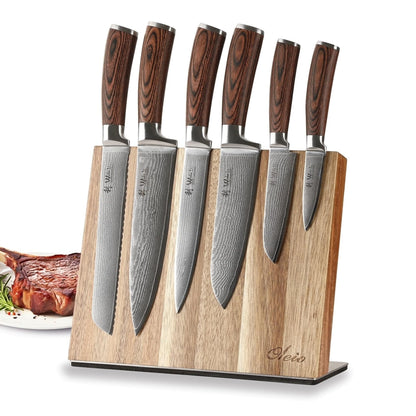 Wakoli EDIB 6-Piece Damascus Knife Block Set – Professional Kitchen Knives with Magnetic Acacia Block – Kitchen Knife Set made of 67-Layer Damascus Steel Blades & Ergonomic Pakkawood Handles
