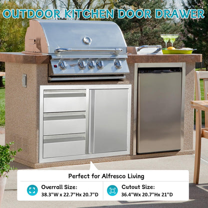 FORJAMINT Outdoor Kitchen Door Drawer Combo Cabinet,38.1W x 22.6H x 20.8D Stainless Steel with Handles,Triple Drawers & BBQ Access Combo for Outdoor Kitchen Island (Drawer and Right Door Combo)
