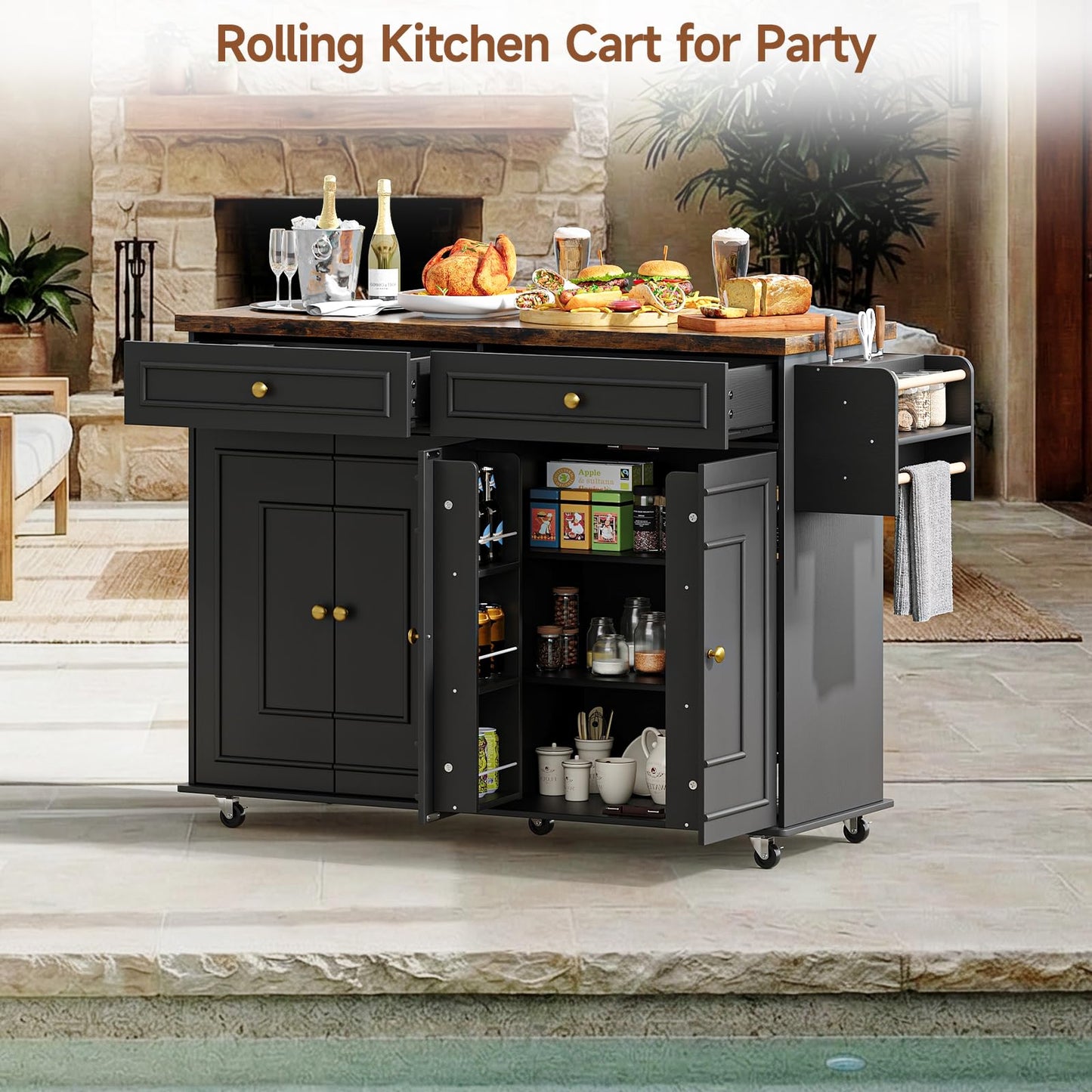 ComfyCorner 58" Rolling Kitchen Island with Storage, Island Table for Kitchen with Power Outlet, Multi-level Kitchen Islands on Wheels, Mobile Bar Cart with Spice Rack, Towel Rack, Knife Holder, Black