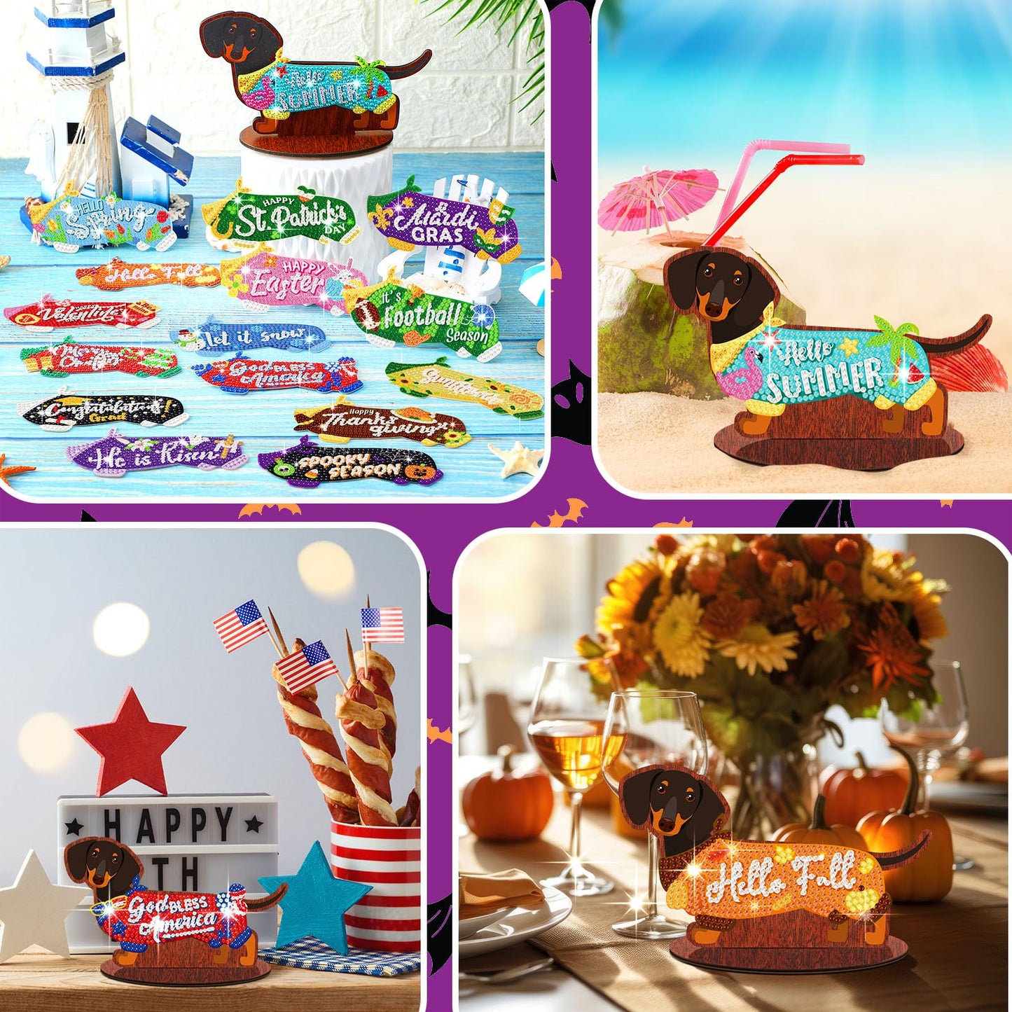 Briwooody 16 Pcs 4th of July Dachshund Diamond Art Kits for Adults - Interchangeable Seasonal & Holiday Decor, Wooden Dachshund Diamond Painting Table Centerpieces for DIY Tiered Tray Home Party