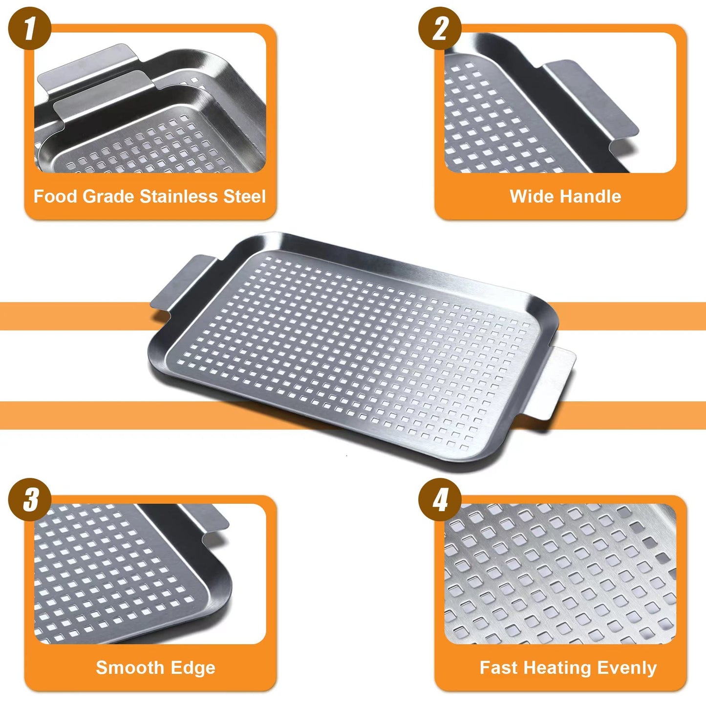 COOK TIME Grill Pan Set of 2, BBQ Grill Topper for Outdoor Grill, Stainless Steel Grilling Baskets with Holes and Handles, Perforated Food Tray Barbecue Accessories for Vegetable, Fish, Meat, Seafood