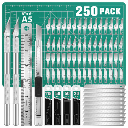 DIYSELF 250 Pcs Exacto Knife, Craft Knife, Hobby Knife, Precision Knife, Exacto Knife for Crafts, Modeling, Scrapbooking, 2 Exacto Knives with Extra 235 Exacto Blades (#11#10#16#17)