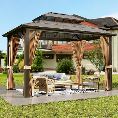 10'x13' Hardtop Gazebo, Outdoor Polycarbonate Double Roof Canopy, Aluminum Frame Permanent Pavilion with Curtains and Netting, Sunshade for Garden, Patio, Lawns (10x13ft)