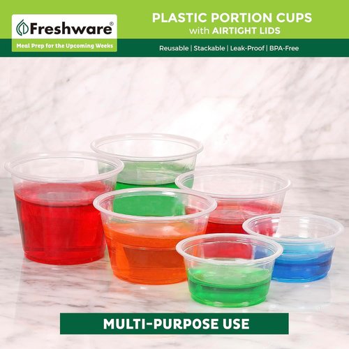 Freshware Portion Cups - 1 Ounce Disposable Plastic Cups with Lids for Meal Prep & Sauces | 100 Sets