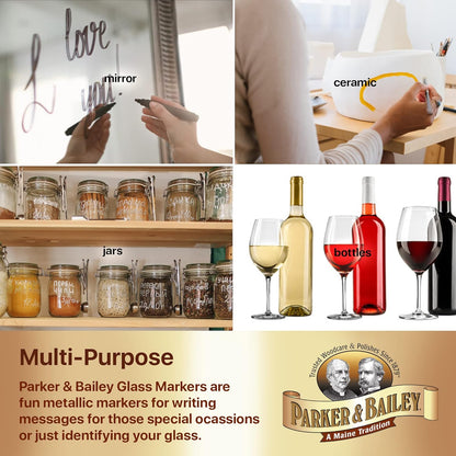 Parker & Bailey 3 Pack Glass Markers, Metallic Washable Wine Markers for Ceramics, Bottles, and Drink Glasses