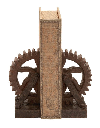 Deco 79 Polystone Decorative Bookends Gear Non Skid Bookends, Set of 2 Office Bookends5"W, 7"H, Brown