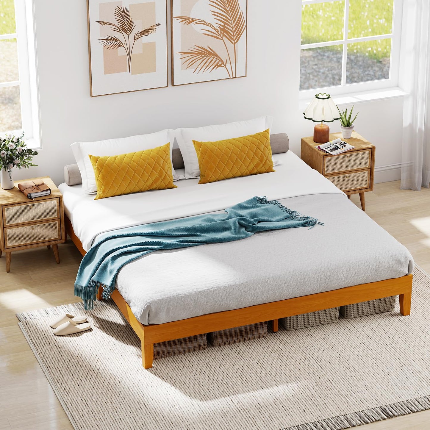 FDW Solid Wood Platform Bed Frame King Size, Wooden Bed Base with Sturdy Slat Support, No Box Spring Needed, Noise-Free Design, Easy Assembly, Stylish & Durable, Brown