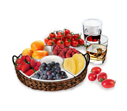 Serving Tray and Serving Dishes, RANDEFURN 7-Set Gold Platters for Parties,15.5 x 15.5 inches, Divided Serving Trays & Platters, Portable Handle,Gold