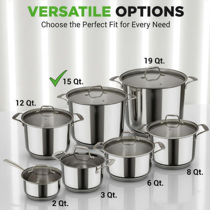 NutriChef 15-Quart Stainless Steel Stock Pot with Tempered Glass Lid - Induction Compatible Large Stockpot, Ideal for Stews & Soups, Dishwasher Safe - NCSP16