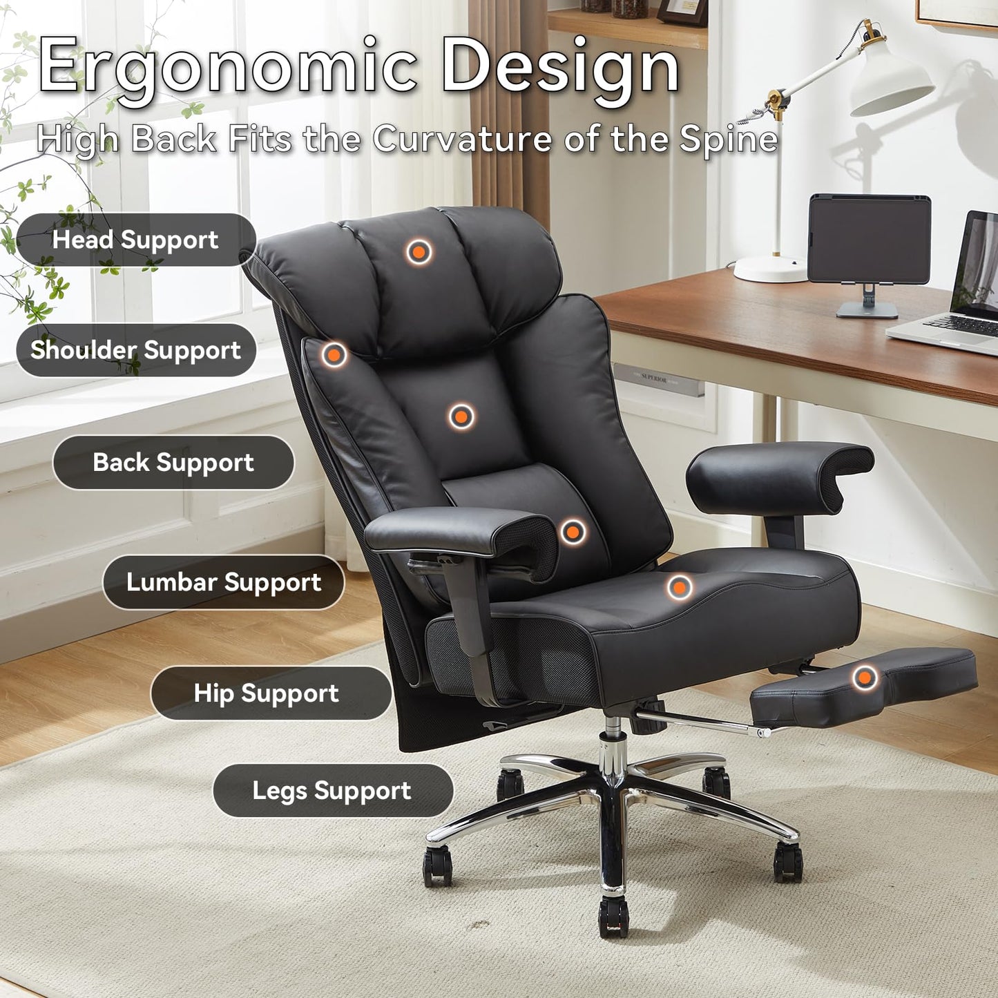 Efomao Big and Tall Office Chair 450lbs, 5.9" Thick Pocket Spring Executive Office Chair with Footrest, High Back PU Leather Desk Chair, Wide Seat Computer Chair, Black