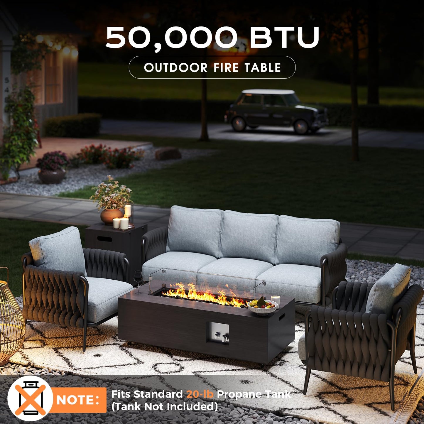 Jocoevol 42in Fire Pit Table Propane Fire Pit 2 Piece Rectangular Gas Fire Pits 50,000 BTU with Wind Guard Propane Tank Cover Table Lava Rocks for Outdoor Outside Patio