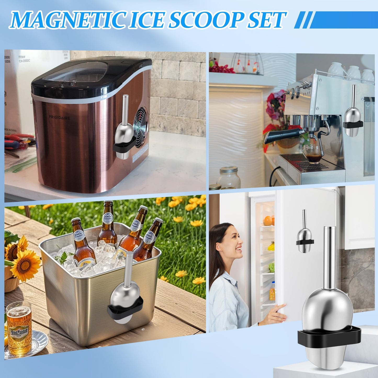HappyAlley Ice Scoop with Magnetic Scoop Holder Compatible with GE Opal 2.0 Nugget Ice Makers, 9 In Low-Carbon Stainless Steel Alloy Scooper for Kitchen Refrigerator Accessory Pet Food Scooper(Black)