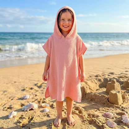 Frienda Muslin Hooded Beach Towel for 3-6 Years Kids Soft Muslin Bath Poncho for Baby Absorbent Fast Drying Blankets for Boys Girls Newborns Toddler Beach Pool Bath Essentials(Pink)