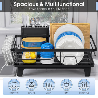 Urackify Dish Drying Rack for Kitchen Counter, Sink Dish Rack with Drainboard 12.2" W x 16.5" L, Large Dish Drainer with Cutlery Holder, Home Countertop Plate Dryer Storage Rack, Black