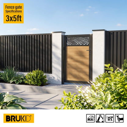 Brukid 3x5 FT Aluminum Fence Gate Kit Wood Grain Aluminum Gate with Decorative Cutout, Lock & Hinges, Left/Right Opening, Weather Resistant for Yard Garden Patio