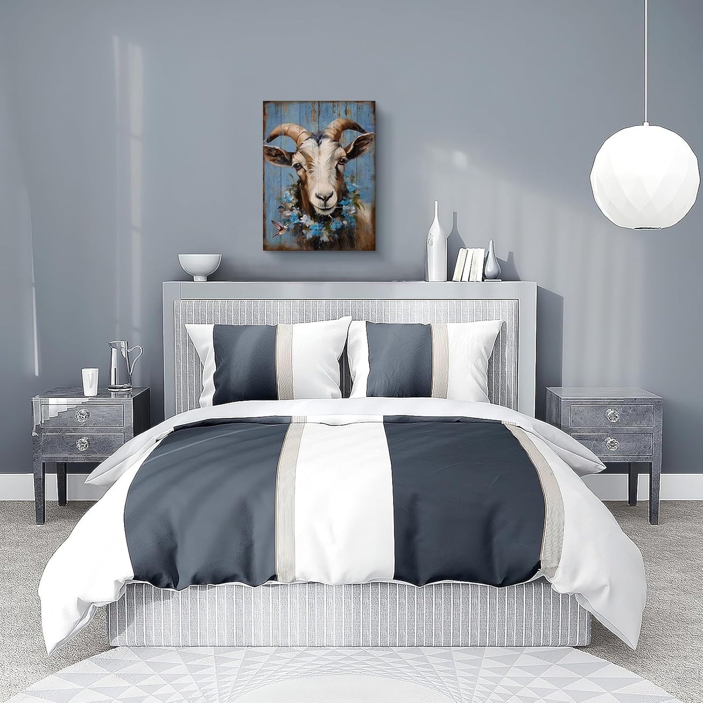 Ooeiiiy Farmhouse Goat Canvas Wall Art, Cute Goat With Flower Wall Decor Poster Prints Framed Artwork 12''X16''