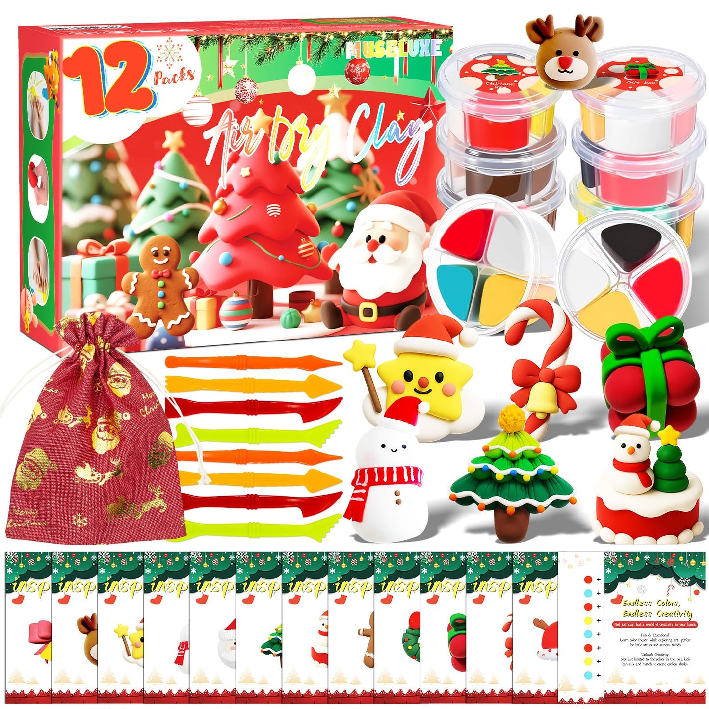 MuseLuxe Air Dry Clay - 12 Boxes Christmas Modeling Clay Kit with 8 Sculpting Tools,Safe & Non-Toxic,DIY Magic Gifts Toys for Boys,Girls,Kids