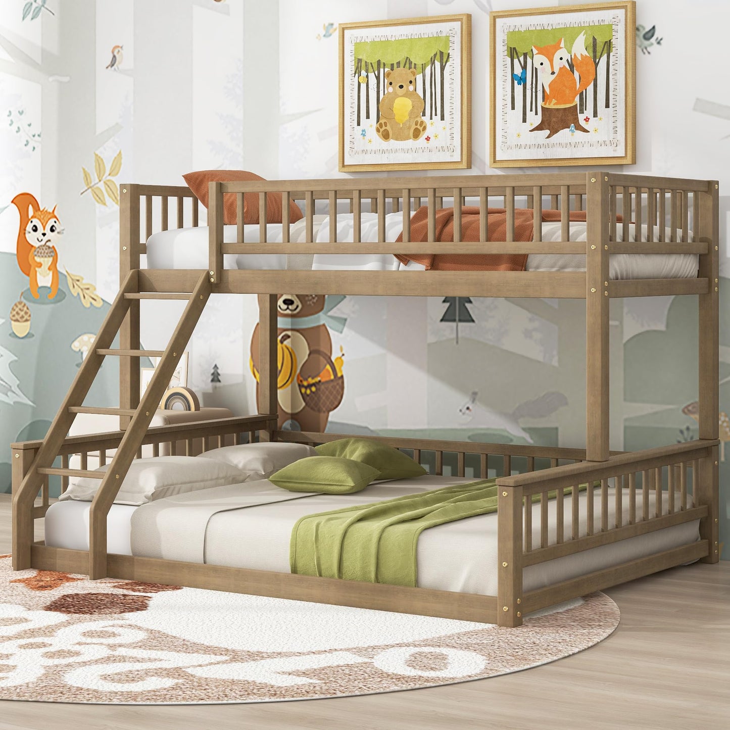 Merax Twin XL Over Queen Floor Bunk Bed with Ladder and Guardrails, Bedroom Wood Bunk Bed Frame for Kids/Teens/Youths/Adults, Space Saving & Noise Free, No Box Spring Needed, Walnut Brown