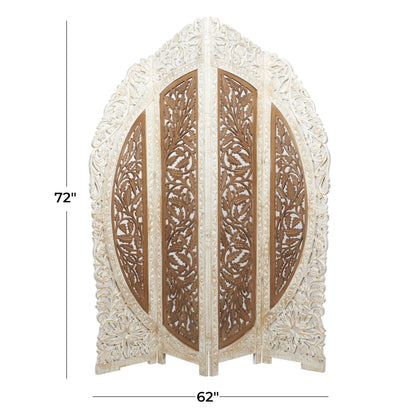 Deco 79 Mango Wood Floral Handmade Partition Room Divider Screen Foldable Arched Partition 4 Panel Privacy Screen with Intricately Carved Designs, Room Partition 62" x 1" x 72", Brown